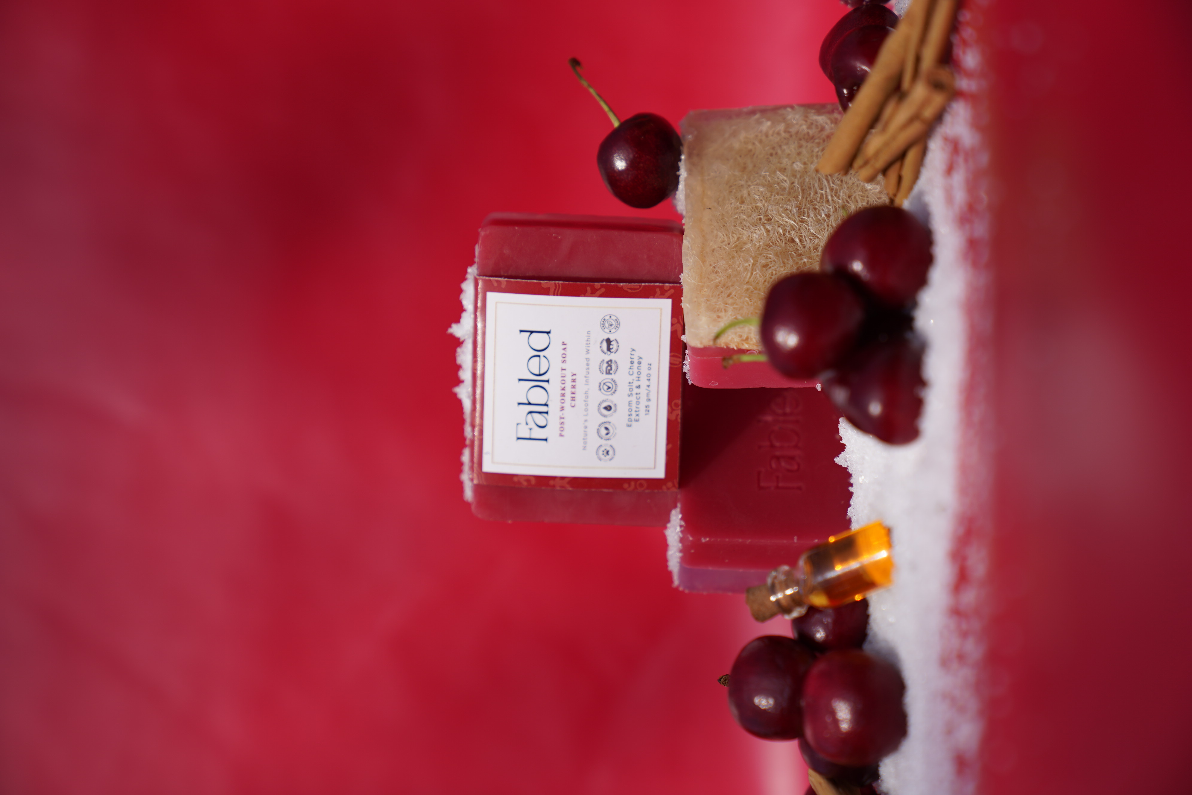 Transparent cherry glycerin melt and pour soap bar with fruit inclusions