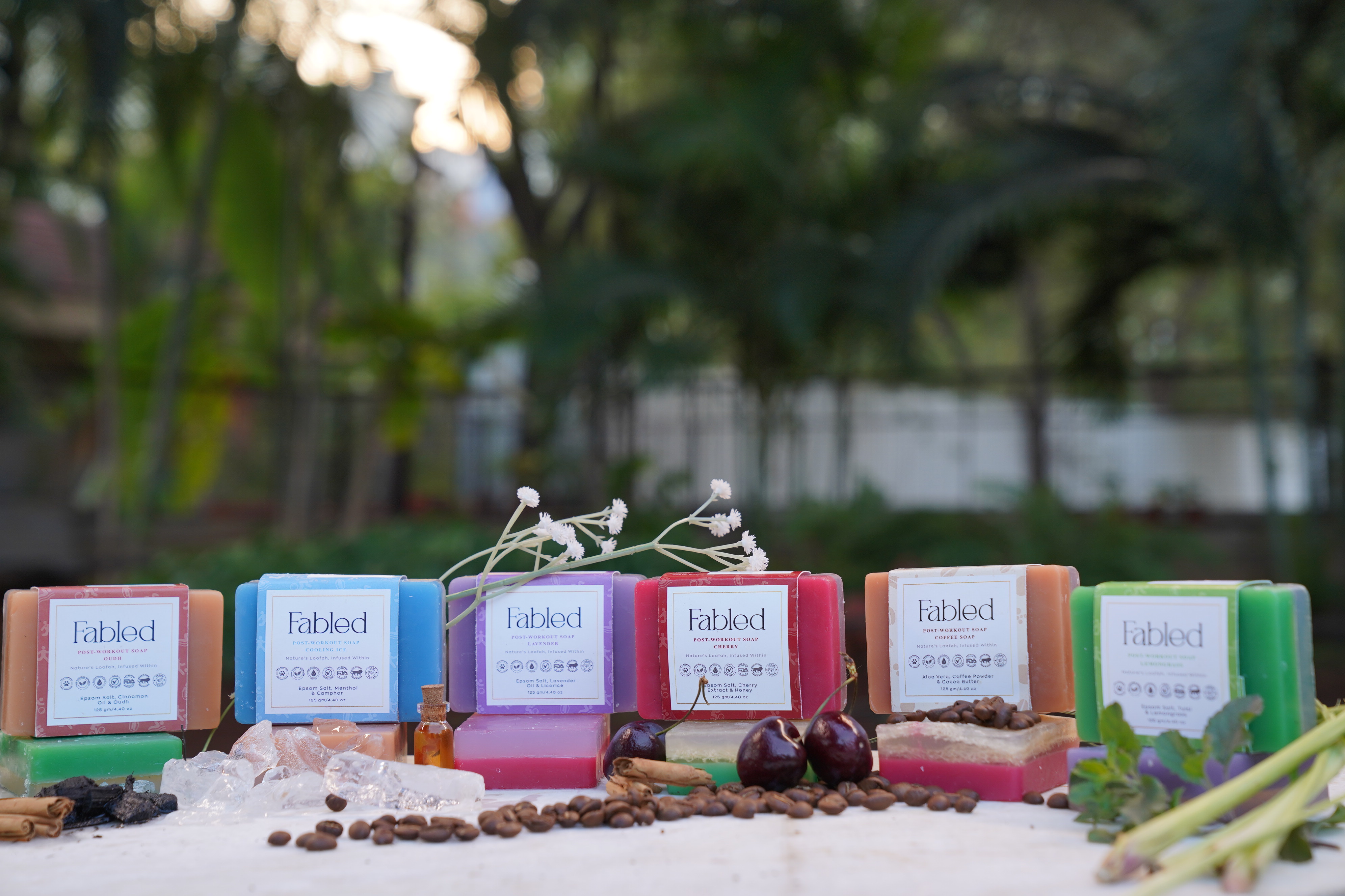 Assorted toilet soap bars in mint, lavender, cherry, coffee and cucumber variants